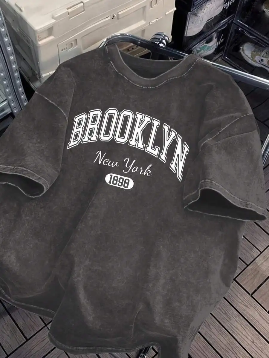 

Loose Fit Crew Neck Cotton Blend T-Shirt With Brooklyn Letter Print Summer Casual Top