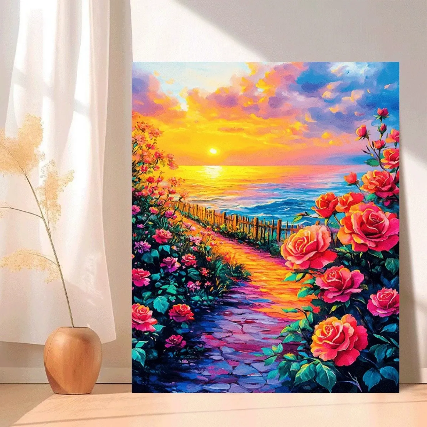 300060-Sunset seaside path lined with vivid colorful roses