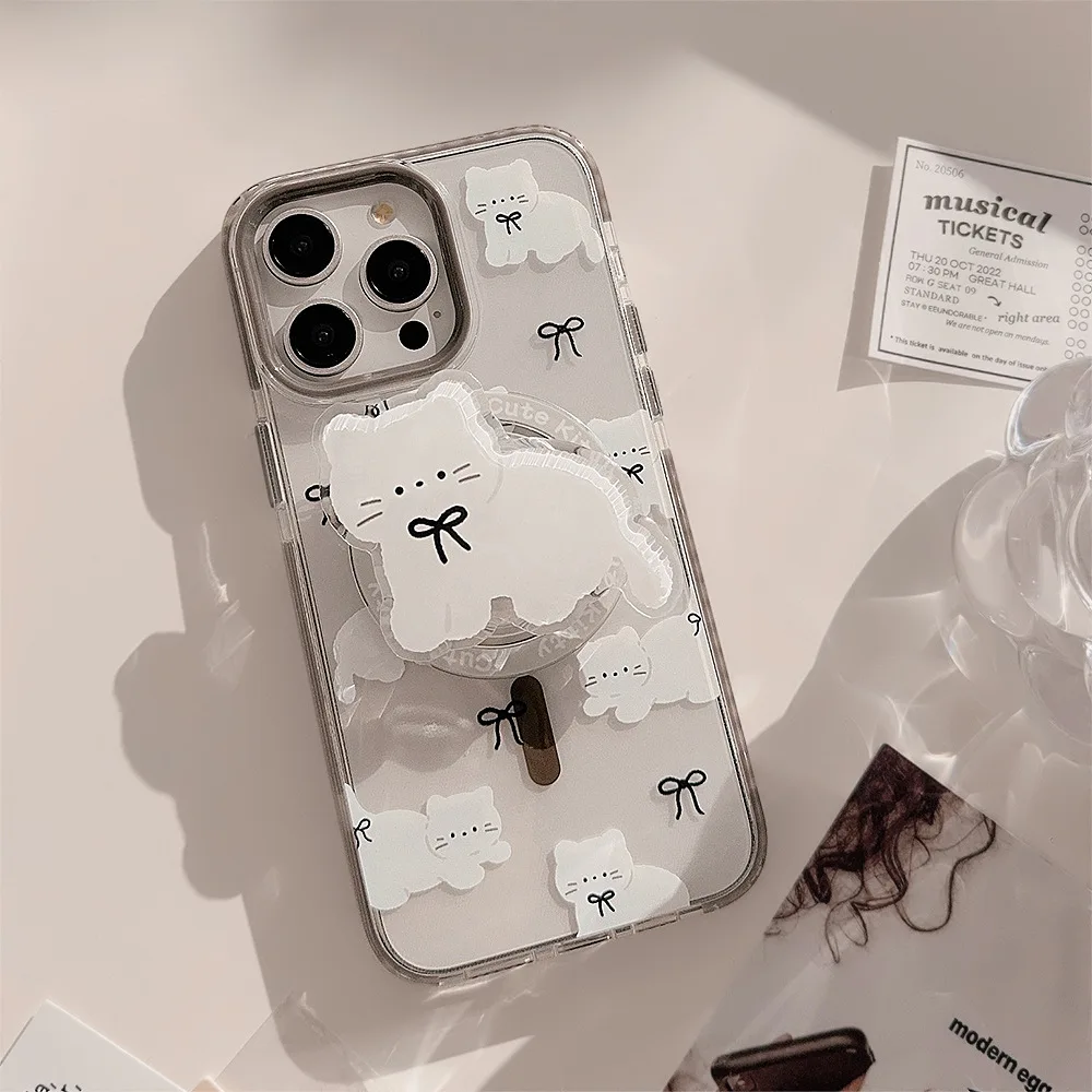 Koreanische Vollbild-Cartoon-Bowknot-Katze, magnetische Halterung, Handyhülle für iPhone 17, 16, 15, 14, 13, 12, Pro Max, klare, stoßfeste Abdeckung