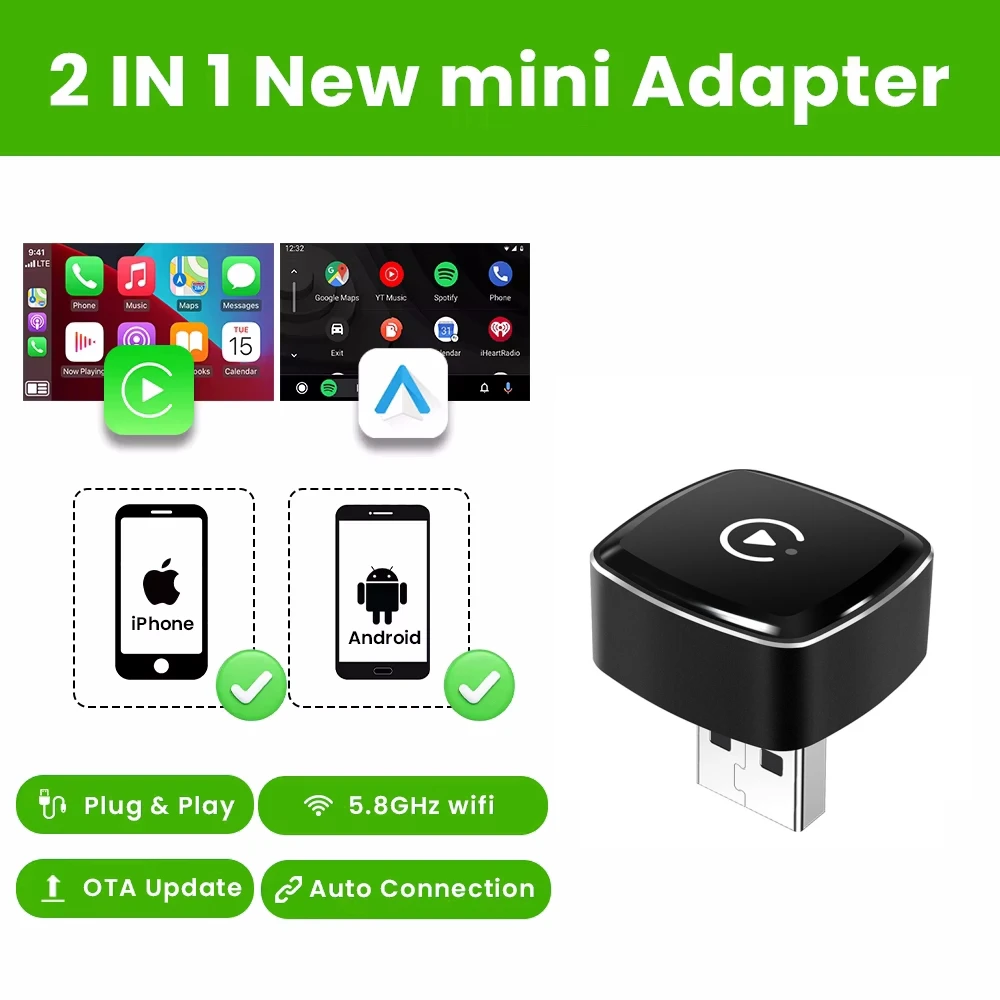 2in1 Wireless CarPlay Adapter Android Auto AI Smart Box Car Intelligent System Suitable For VW Toyota Nissan Honda Kia Opel MG