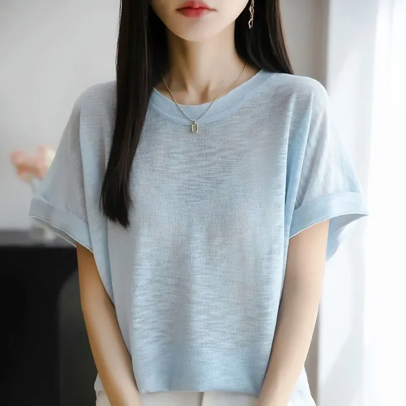 

Womens Summer Loose Knit T Shirt 100 Silk Linen Blend Short Sleeve Casual Blouse