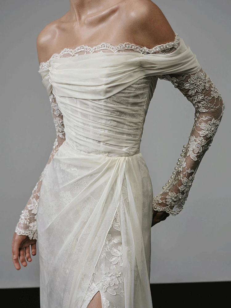 

Элегантное кружевное свадебное платье на одно плечо с длинным рукавом, винтажное, для выездной церемонии на открытом воздухе, белое, со шлейфом, для невест до 30 лет