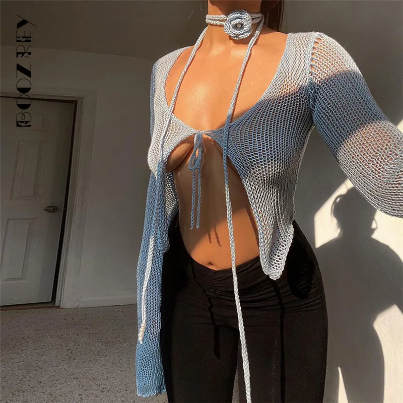 BoozRey Sexy Solid 3D Flower Knit Cardigan Lace-up Long Sleeve Top  Women 2023 Autumn Navel Exposed Low Cut High Street Outfits