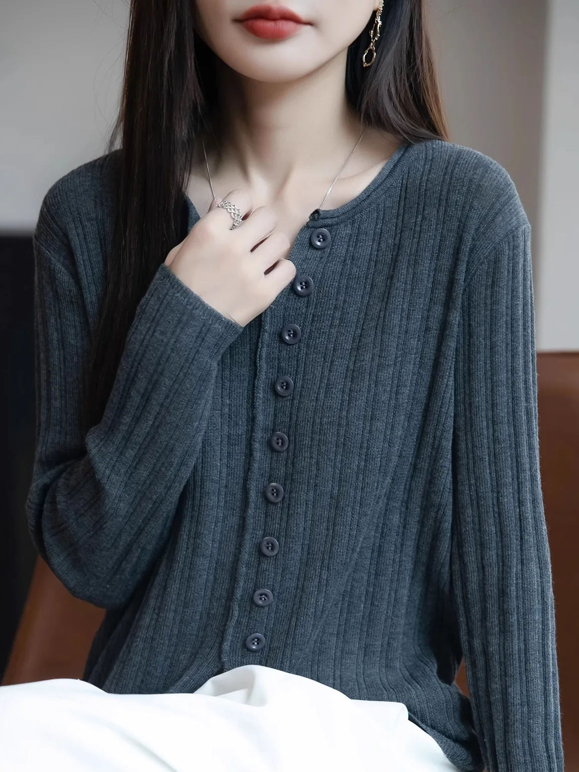 

Шерстяной вязаный свитер на пуговицах в полоску, женское длинное пальто Sve, свободный складной универсальный топ