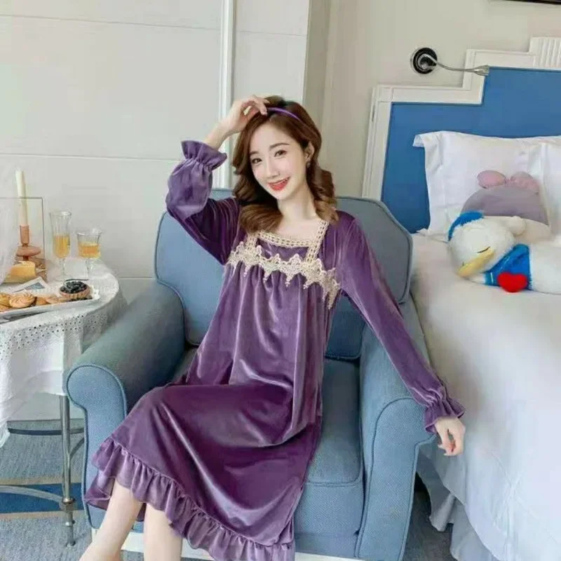 Pajamas Long sleeve Spring Autumn Cute online celebrity Canary velvet loose loungewear palace style nightdress sleepwear women