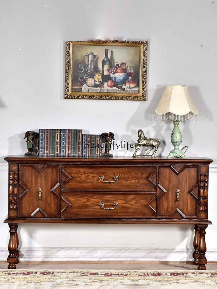 American Style Sideboard Cabinet Solid Wood Distressed Living Room Sofa Retro Corridor Hallway Curio Cabinet