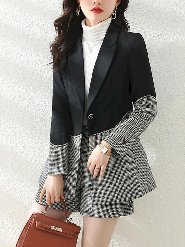 UCXQ Temperament Plaid Blazer Shorts Set For Women Office Lady Notched Suits Jacket Two Pieces Sets 2024 Autumn New Tide 23A4438