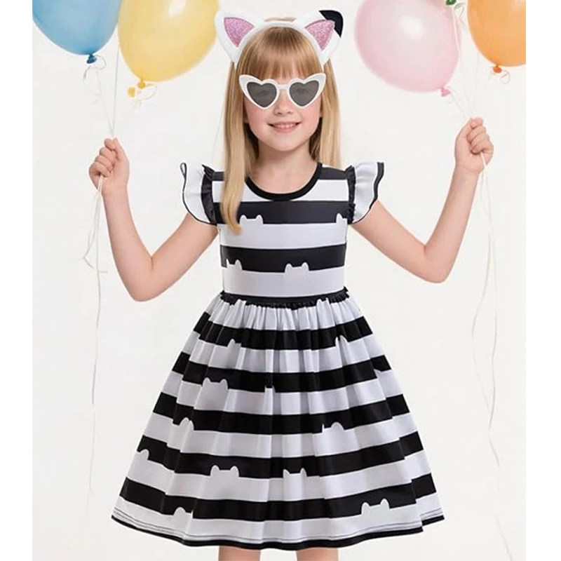 

Girls Dollhouse Cartoon Black And White Cat Dress Halloween Cosplay Gabby Costume With Headband Birthday Girls Party Dresses