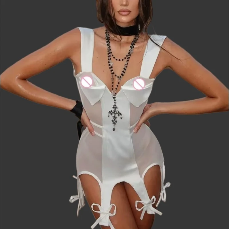 

Sexy Bowknot Lace Jumpsuit with Transparent Splicing Underwear Set Deep V Corset Tops Two Pieces Sexy Lingerie Sets Intimates