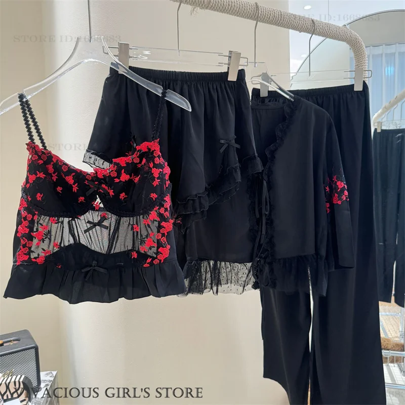 

Сексуальный женский пижамный комплект из 4 предметов, одежда для дома, ажурное кружевное нижнее белье, брючный пижамный костюм, черный, красный, атласная одежда для сна, домашняя одежда, пижама