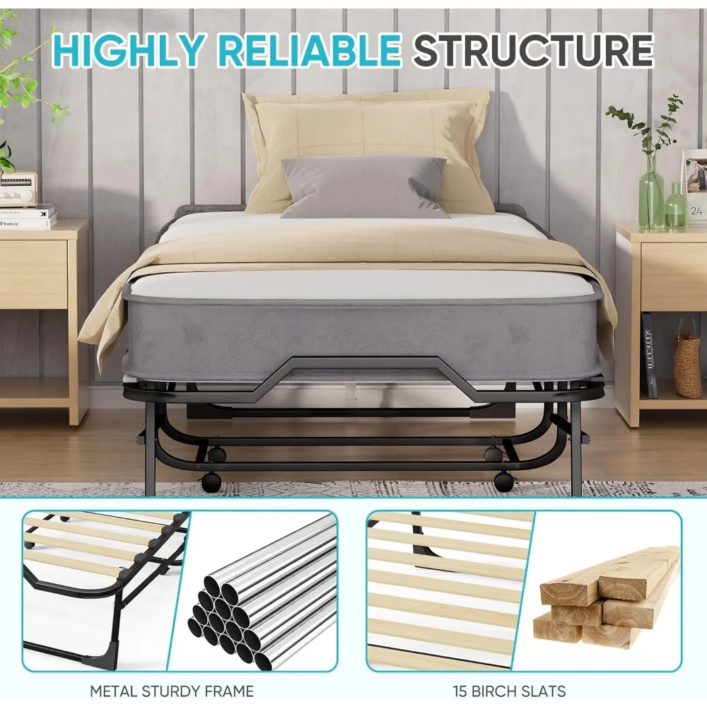 سرير ضيوف قابل للطي مع لوح رأسي، مقاس 75 × 31، 5 مرتبة، سهل الحركة، إطار معدني قوي #5