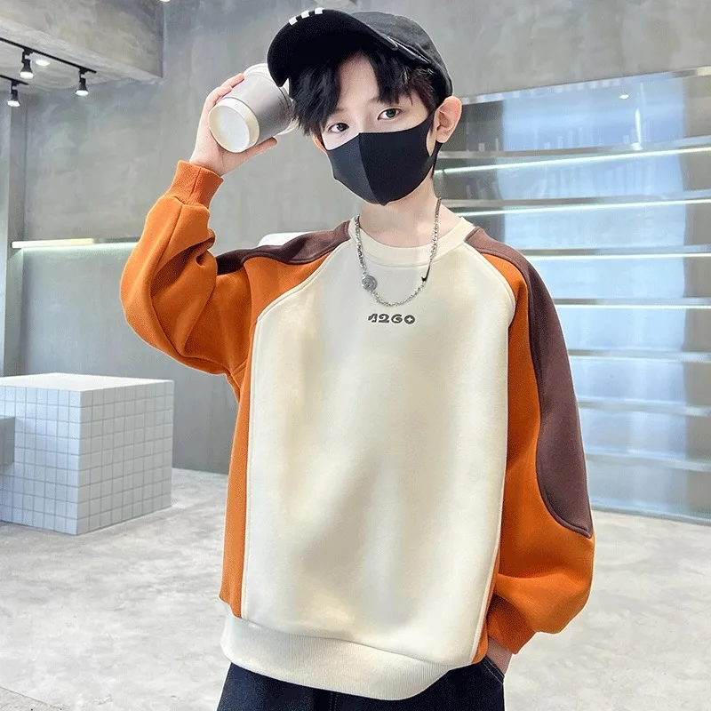 5 6 8 10 12 14 Years Boys Sweatshirt Spring Autumn New Patchwork Long Sleeve Round Neck Pullover For Teen Kids Casual Hoodie