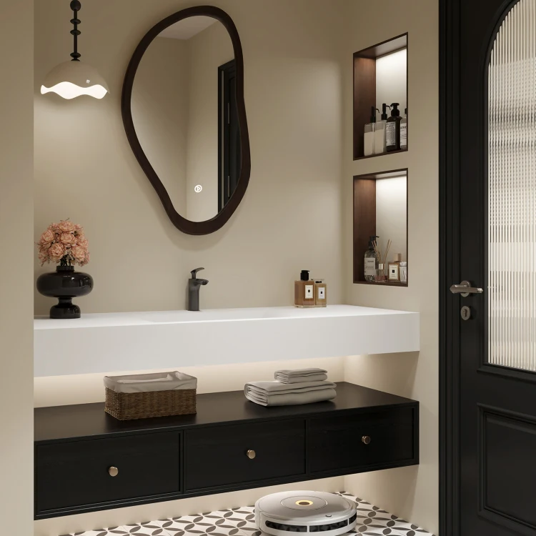 /32 36 40 Inch Stone Countertop Wash Basin Cabinet Set Single Sink Floating Bathroom Vanity with Mirror and Led Lights
