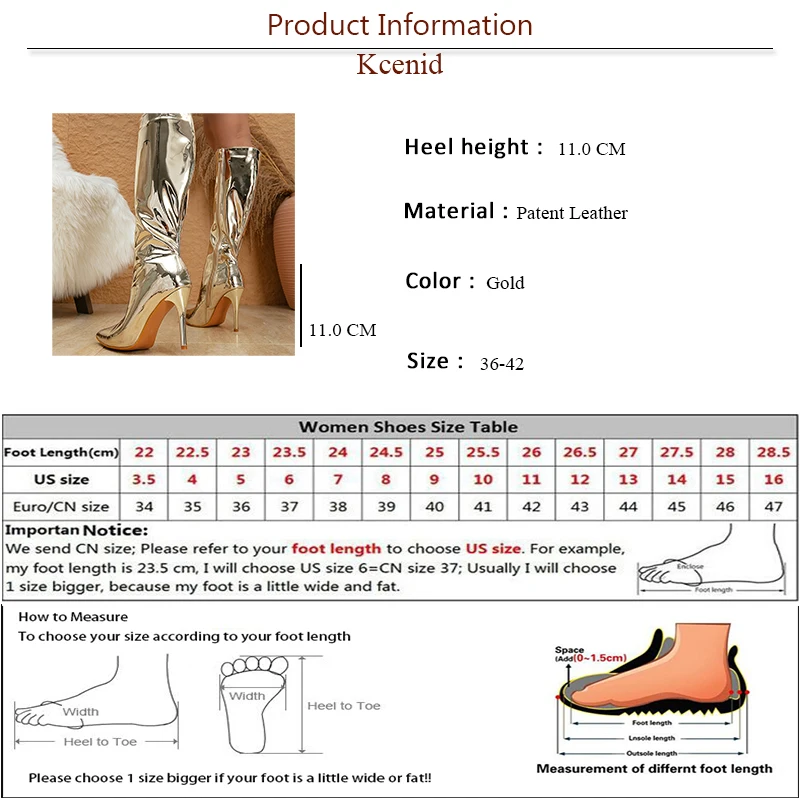 Kcenid Gold Women Knee High Boots Smooth Patent Leather Solid Pointed Toe Stiletto Heels Shoes Fashion Zip Long Booties Female