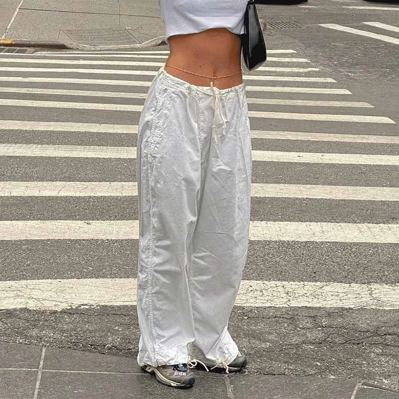 2026 NEW WOMEN'S FASHION Y2K STREETWEAR WIDE LEG WOVEN PANTS, LOOSE DRAWSTRING CARGO TROUSERS