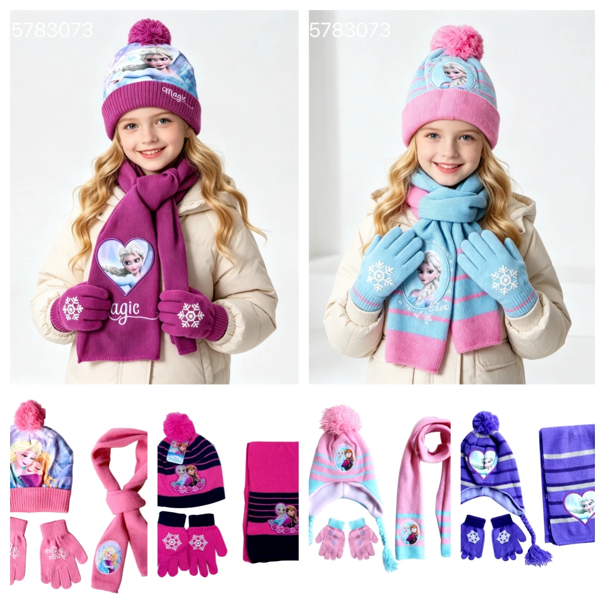 New Autumn Winter Children Hat Elsa Anna Classics Princess Cartoon Cap Scarf Hat Glove Warm Knitted Hat Girl Hat Pom‑pom Hat