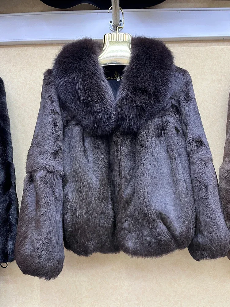 100% Genuine Whole Skin Real Rabbit Fur Coat With Luxury Natural Fox Fur Collar Jacket Full Pelt Rabbit Fur Overcoat