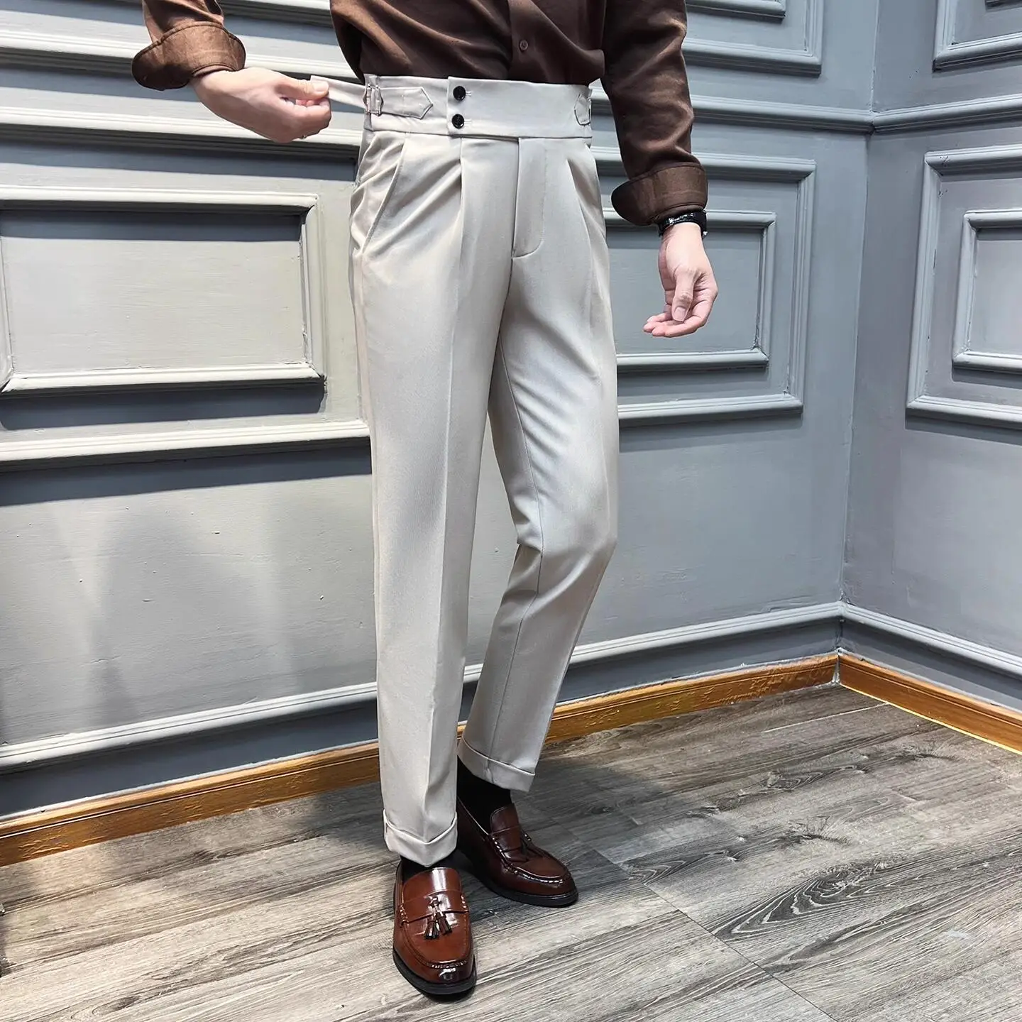 Celana Panjang Pria Model Italia Naples High Waisted Straight Berkualitas Tinggi Warna Solid untuk Bisnis Kasual Formal Kantor dan Acara Sosial