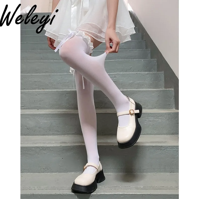 Calzini tubolari in pizzo Lolita giapponese Ropa De Mujer Quattro stagioni Cutecore Bow Calzini di seta bianchi neri sopra il ginocchio Cos Calze alla coscia