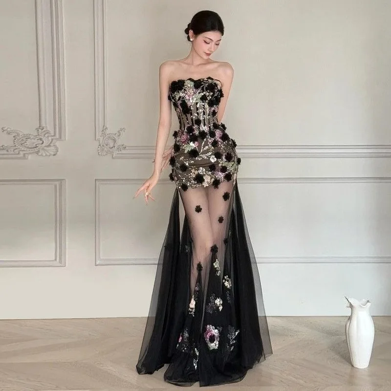 

Strapless Fishtail Evening Dress Niche Banquet Style High-end and Light Luxury Dress Socialite Long Dress for Host's Performance