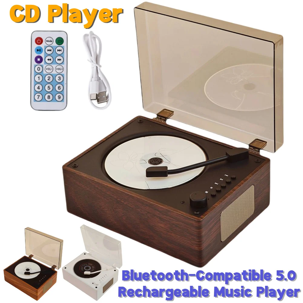 

Ретро CD-плеер с поддержкой Bluetooth, USB, 3.5 мм AUX, перезаряжаемый, для дома, Bluetooth 5.0, настольный CD-плеер, декор для дома