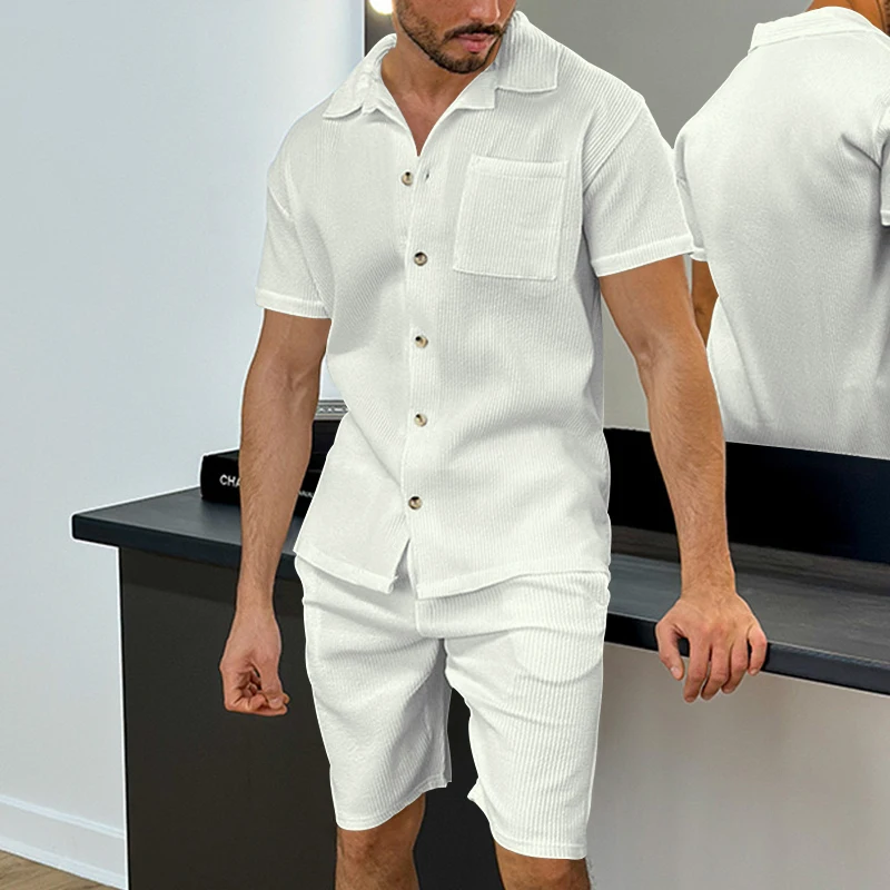 Ensemble cardigan et short 2 pièces pour homme, t-shirt à manches courtes, bouton à revers, vêtements de fête décontractés, document solide imbibé,