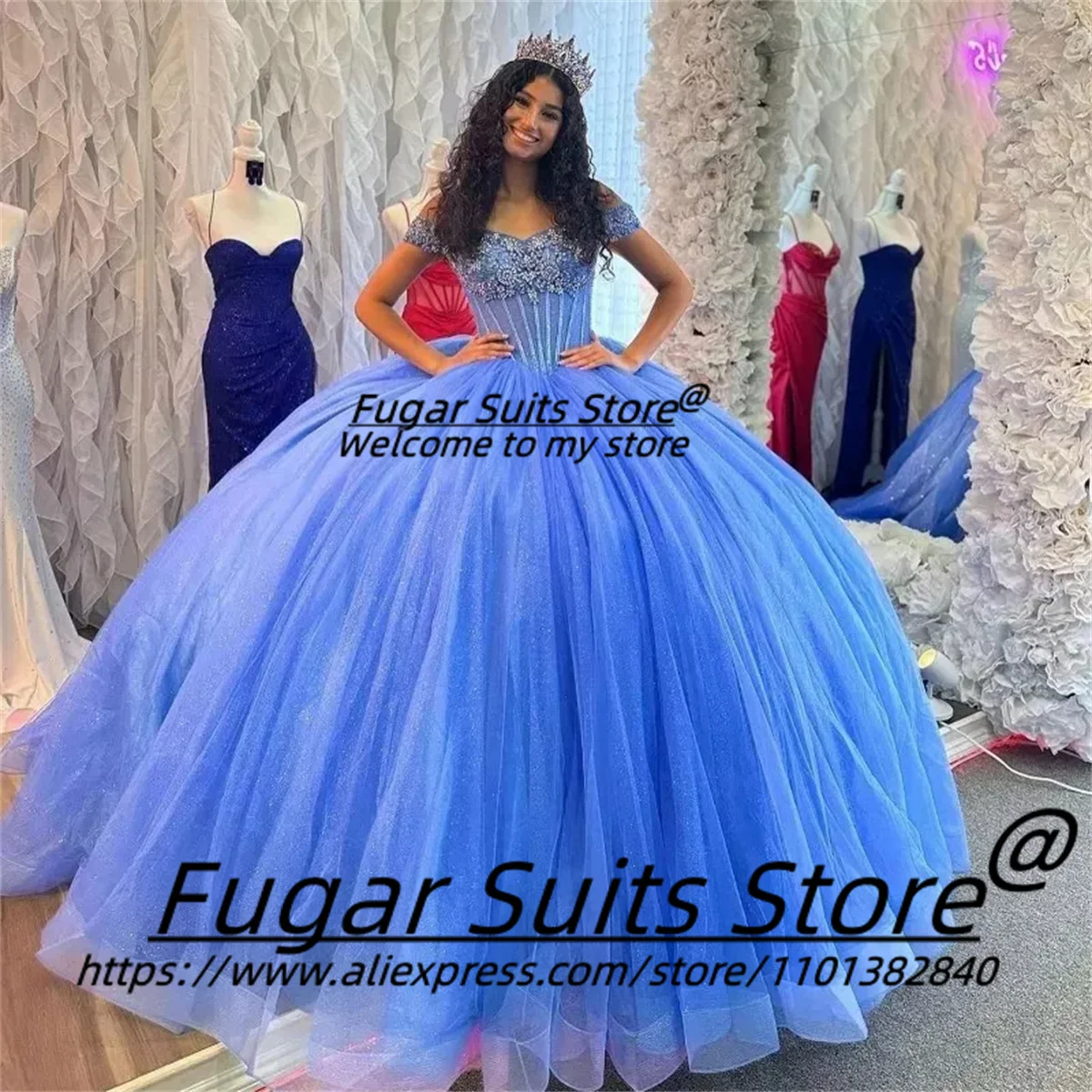 Blue Princess Quinceanera Dresses Luxuly Beading Lace High-end Prom Party Off-Shoulder Gown evening dresses woman elegant