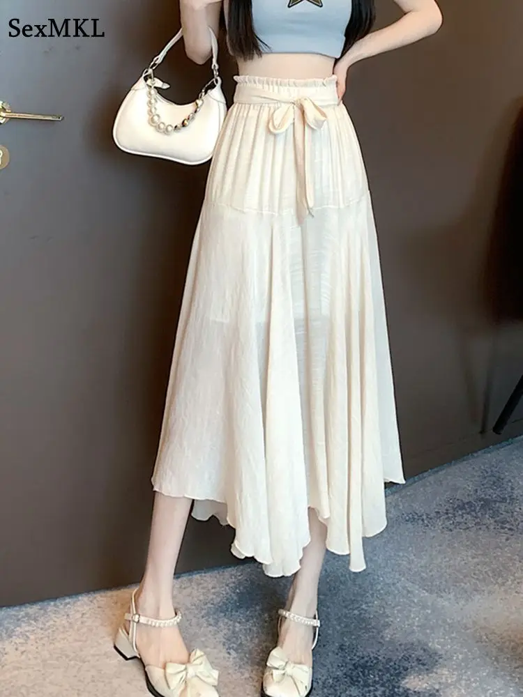Casual Mid Length Black Skirts Women 2026 Korean Fashion Y2k Clothes Bow Faldas Largas Streetwear Harajuku Pleated Long Skirt