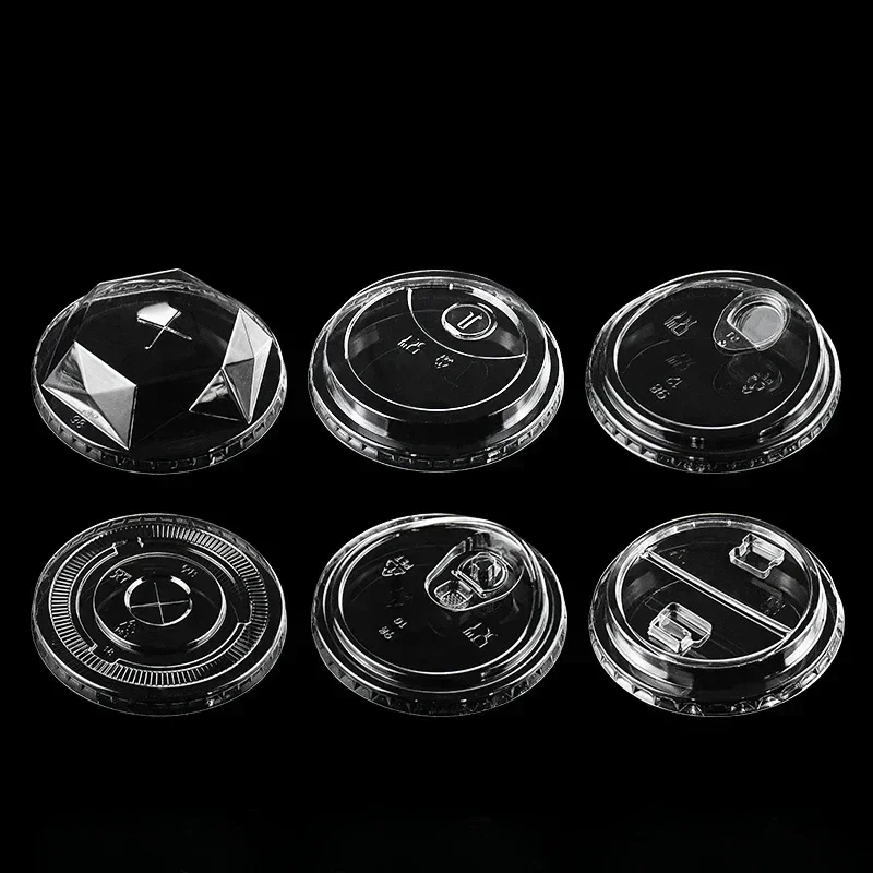 90/95/98mm 100pcs Diameter Milk Tea Cup Lid Disposable PET Transparent Cup Leak Cover Proof Lids for Beverage Coffee Packaging