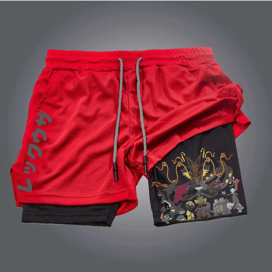 Pokémon Joint Sports Dubbellaagse shorts Amerikaans 2025 Zomer Herentrend Los Fitness Ademend Animatieprint 2-in-1 shorts