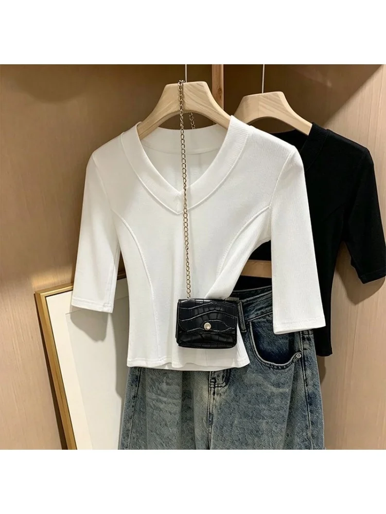 Slim Fit V-Neck Short Sleeve T-Shirt 95 Cotton Base Shirt Summer plus Size Women's Fashionable Inner Wear Casual Top