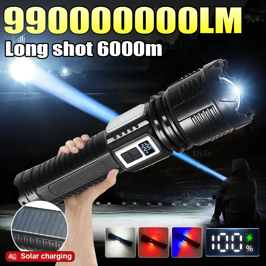 NUEVA Linterna Solar LED Potente de 990000000LM, Recargable, Alcance de 6000m, Linterna Táctica para Pesca, Camping y Actividades al Aire Libre