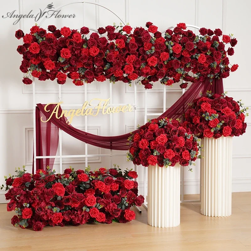 Burgunder rot Rose grün Eukalyptus blatt Hochzeit Bogen Blumen reihe Anordnung Tisch dekoration Blumen ball Party liefert a8114