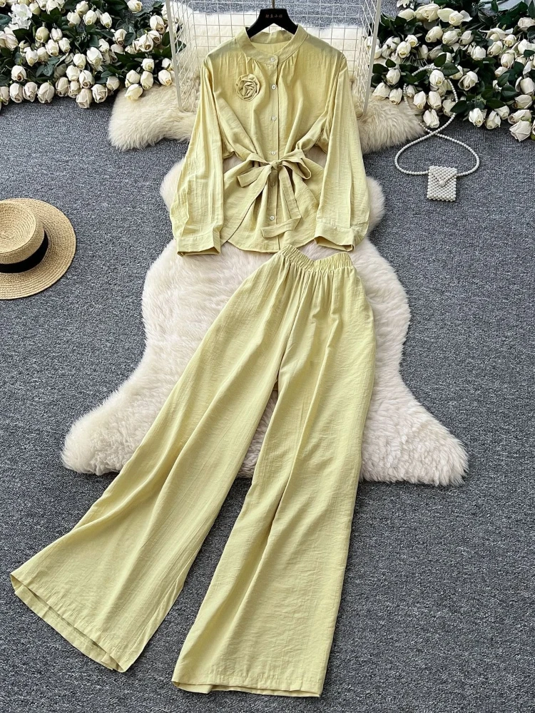 ผู้หญิงชุดกางเกง 2 ชิ้นชุดรอบคอแขนยาวเสื้อลูกไม้ขึ้นขากว้างยาวกางเกงเอวยางยืด Y2k Streetwear ทํางาน