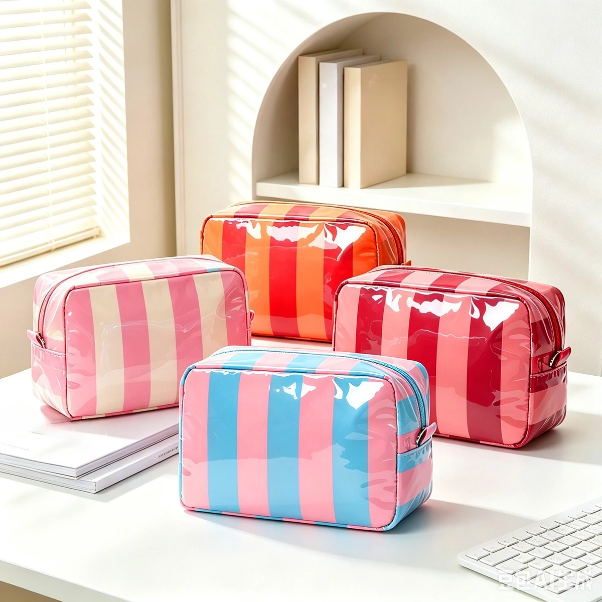Gestreifte Kosmetiktasche aus Nylon mit Reißverschluss, wasserdichte Reise-Kulturtasche, Aufbewahrungstasche für Make-up, Kosmetikpinsel-Organizer