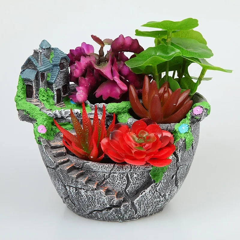 Creative Imitation Stone Resin Flower Pot, Creative Rural Micro Landscape, Large Caliber, House, Home, Garden, Fleshy Flower Pot