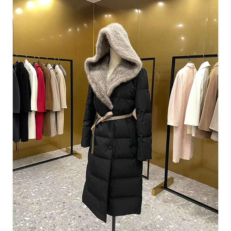 2023 Winter Women Long Coats Filling White Goose Down With Natural Real Mink Fur Collar Luxury Thick Warm Hooded Fashion Jacket