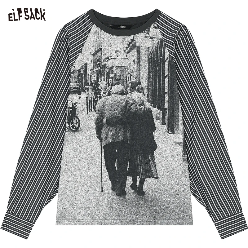 ELFSACK 2025 الشتاء الوافدين الجدد الرجعية مخطط قميص خياطة ملابس منقوشة بكم طويل القطن تي شيرت المرأة