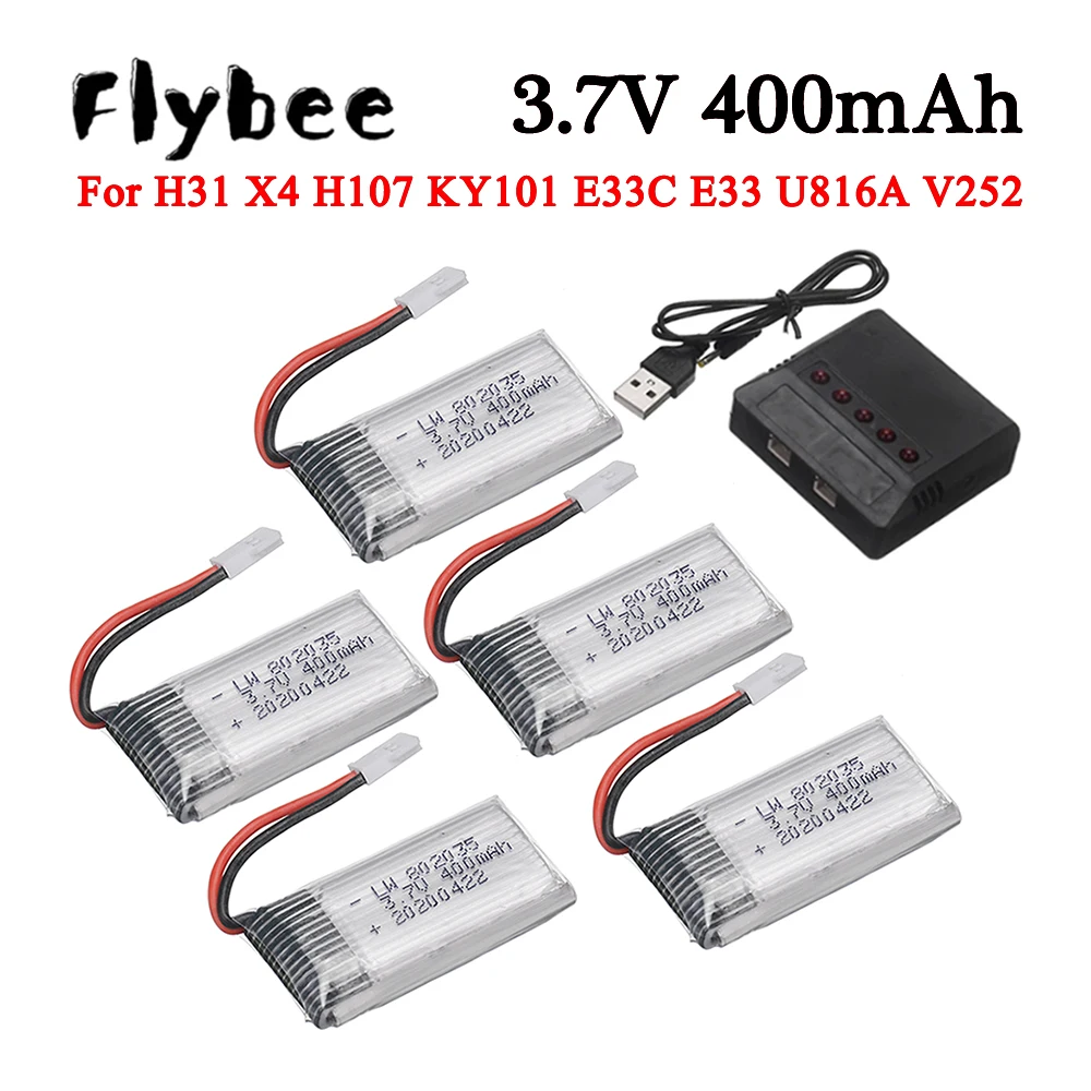 

3.7V 400mAh Lipo Battery For X4 H107 H31 KY101 E33C E33 U816A V252 H6C RC Drone Spare Parts 3.7V 1S Battery with XH2.54 Charger