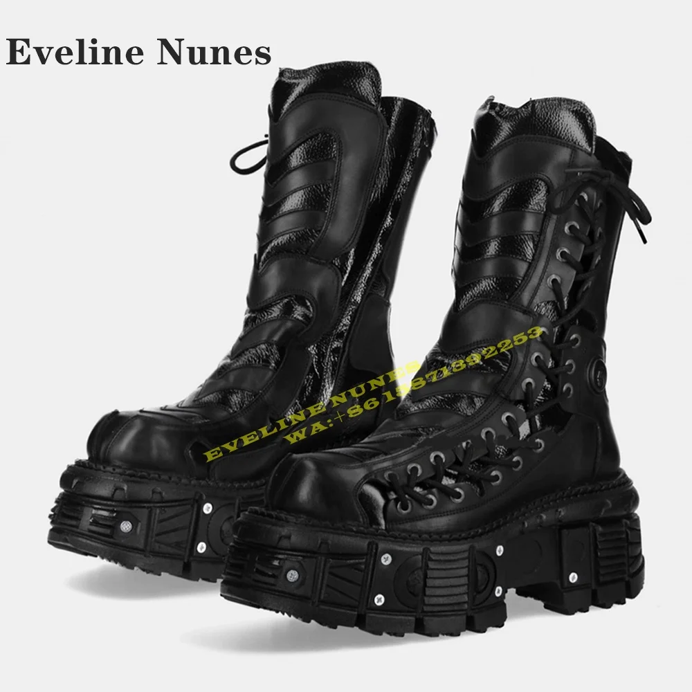 

Cross Tied Y2K Platform Cyberpunk Motorcycle Boots 2025 Newest Round Toe Tank Sole Rivet Side Zip Big Size Couple Mid Calf Boots