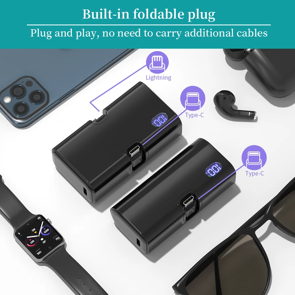 Power bank mini 5000mAh portátil con carga rápida, tipo C y Lightning, cargador plegable de doble enchufe para iPhone TECNO MI, batería externa 5