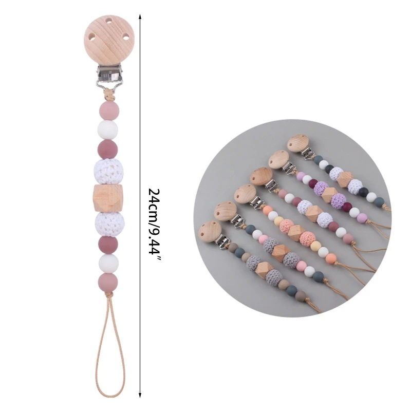 Wooden Bead Pacifier Clips Silicone Chain Holder Newborn Soother Chains Nipple Holder for Babies Teething Toy D5QA