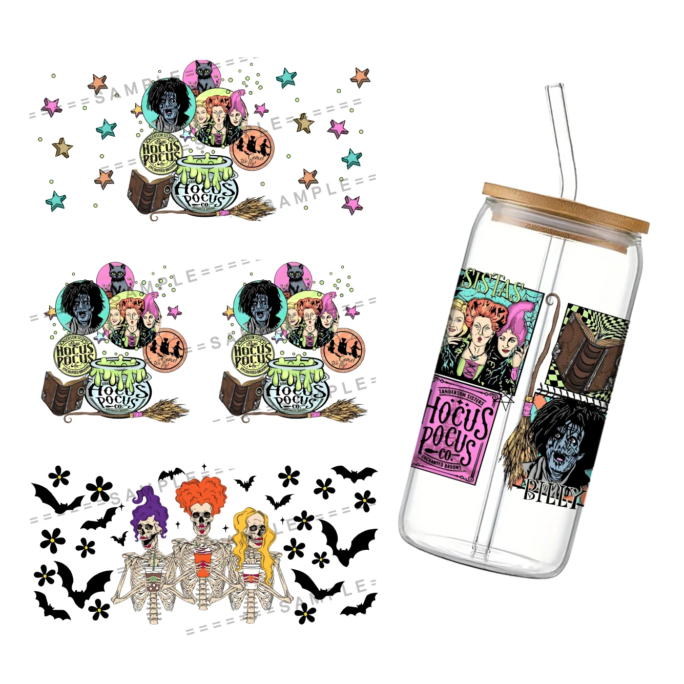 Disney Hocus Pocus para liberbey 16oz Can Glass 3D Waterproof UV DTF Coffee Can Wrap