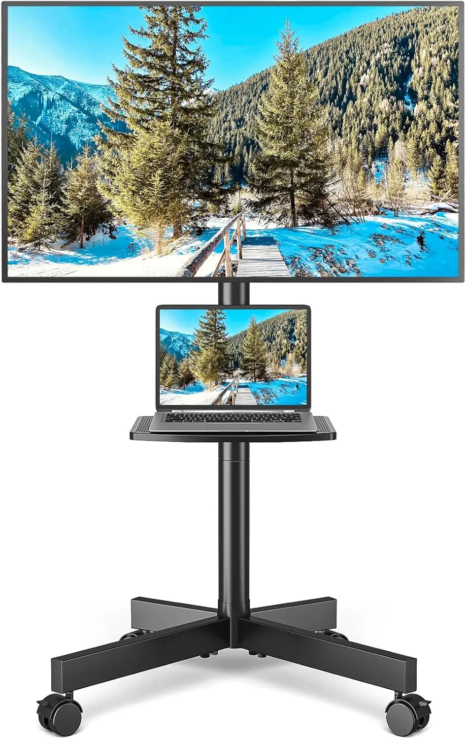 Verstelbare rollende tv-standaard met plank voor tv's van 23–65 inch tot 88 lbs, mobiele wagen met stille wielen