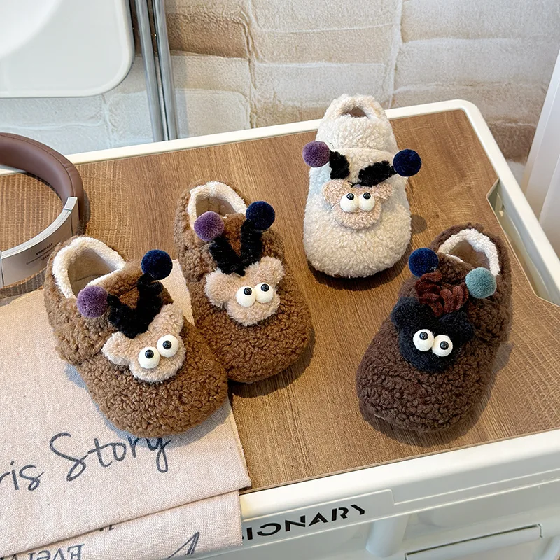 

Kids Warm Plush Cotton Shoes 2025 Winter Cute Big Eye Furry Shoes Lamb Fleece Lined Soft Sole Thick Cozy Toddler Slippers