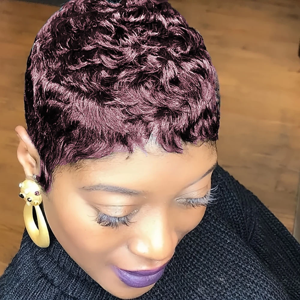 密度150% 4インチ ピクシーカット カールウェーブ 人毛ウィッグ 女性用 フルマシンメイド ウィッグ デイリーユース パーティー用