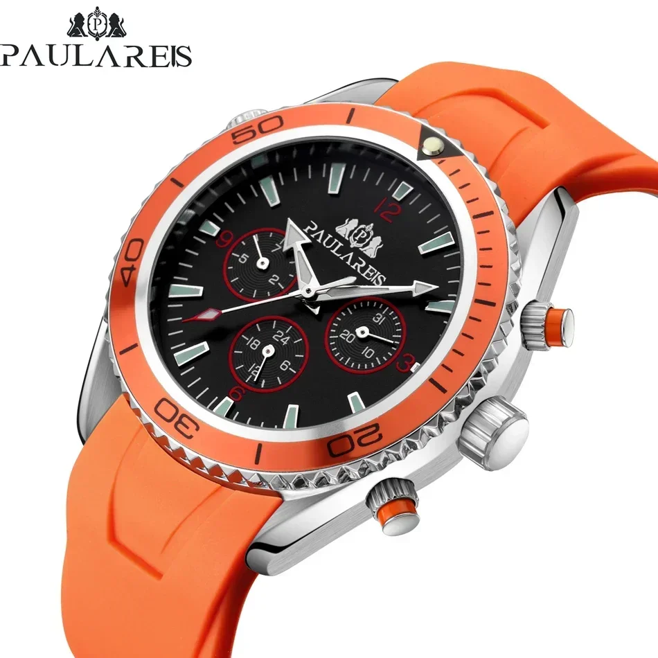 Automatic Watches for Men Mechanical Self Wind Rubber Strap Orange Blue Black Dial Rotatable Bezel Classic Reloj Hombre Baratos