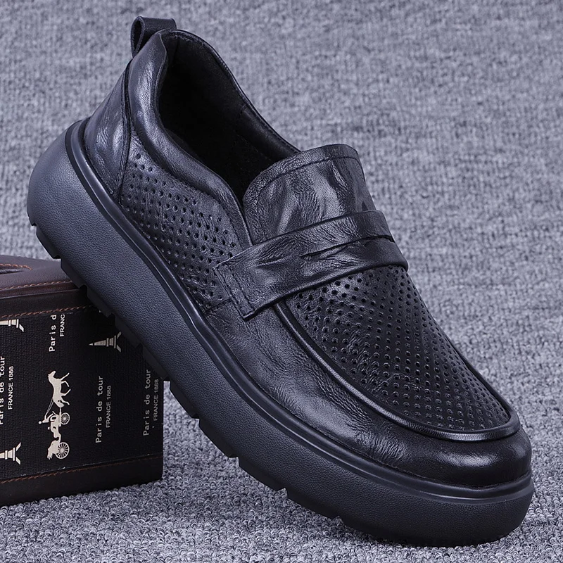 Men's Summer Thick Bottom Soft Surface Leather Shoes Breathable Casual Shoes Easy to Wear round Toe Rubber Outsole Fashionable