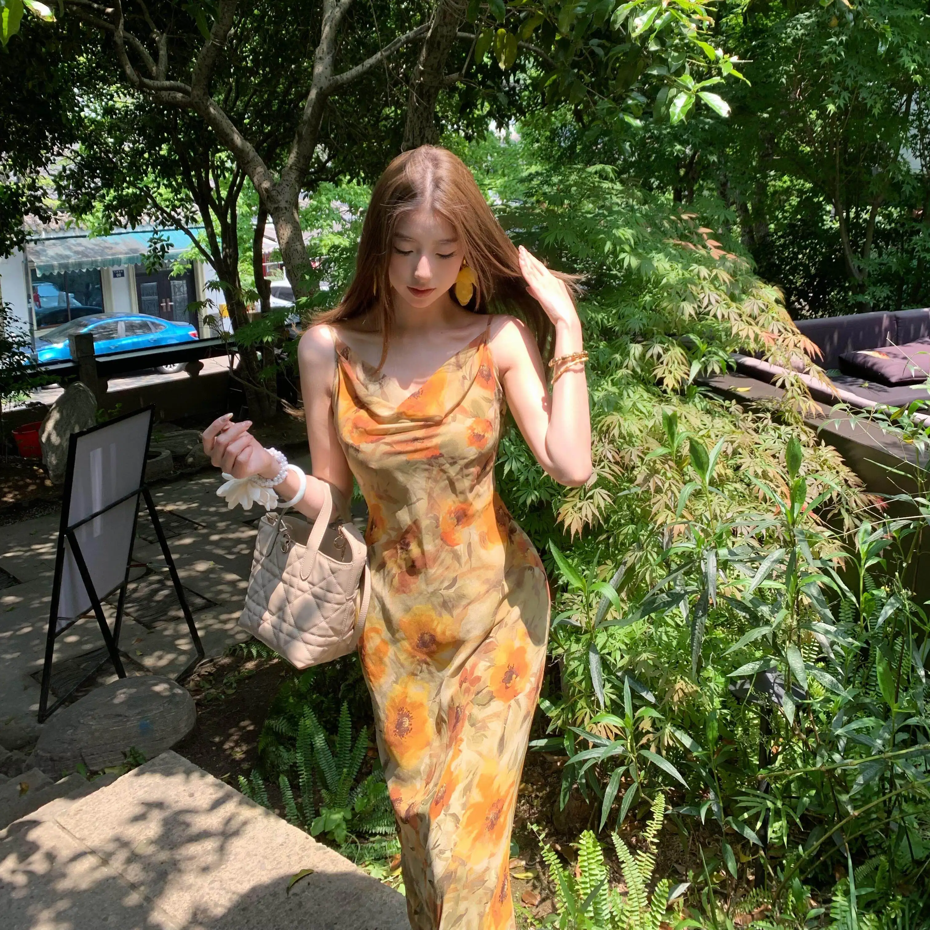 New Chinese Style Floral Print Strapless Maxi Dress  Country Style Retro Oil Painting National Style Sleeveless Dress