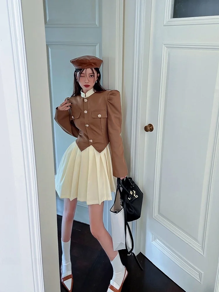 

plus Size Spring New Sle Dr Cover Belly Gathered Waist ort Skirt Korean Version Pure Color Commute Wind Button Detail